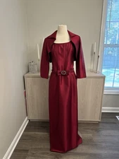 Teri Jon By Ricki Freeman Jacket & Dress 10 Belted Gown Red Vintage Silk Wool