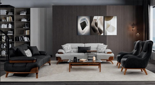 Polstergarnitur 3-Sitzer Sofa Sessel Leder Schwarz Grau Kissen Modern-image