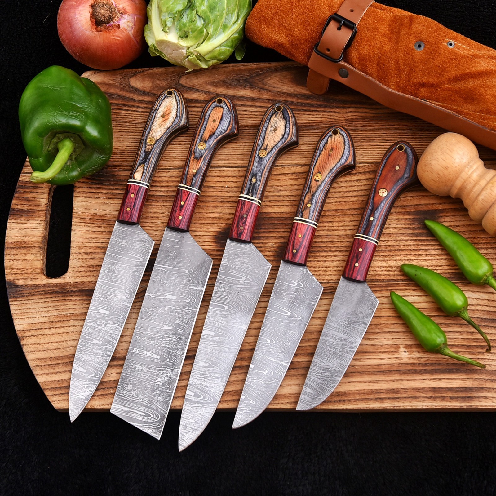 Set Cuchillos Chef Damascus 5 Piezas Acero Alto Carbono Mango Rosewood + Estuche