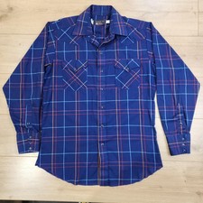 Vintage Panhandle Slim Western Shirt Mens Large Blue Plaid Button Up Long Sleeve