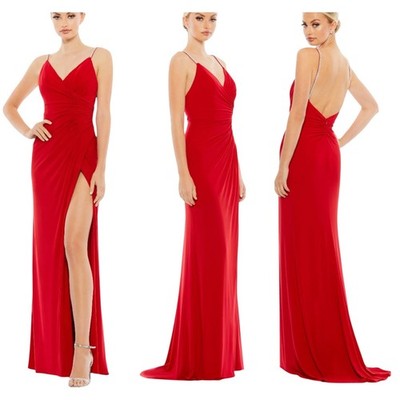 Mac Duggal NWT Red Faux Wrap V Neck Open Back Gown Rhinestone Strap Size 0