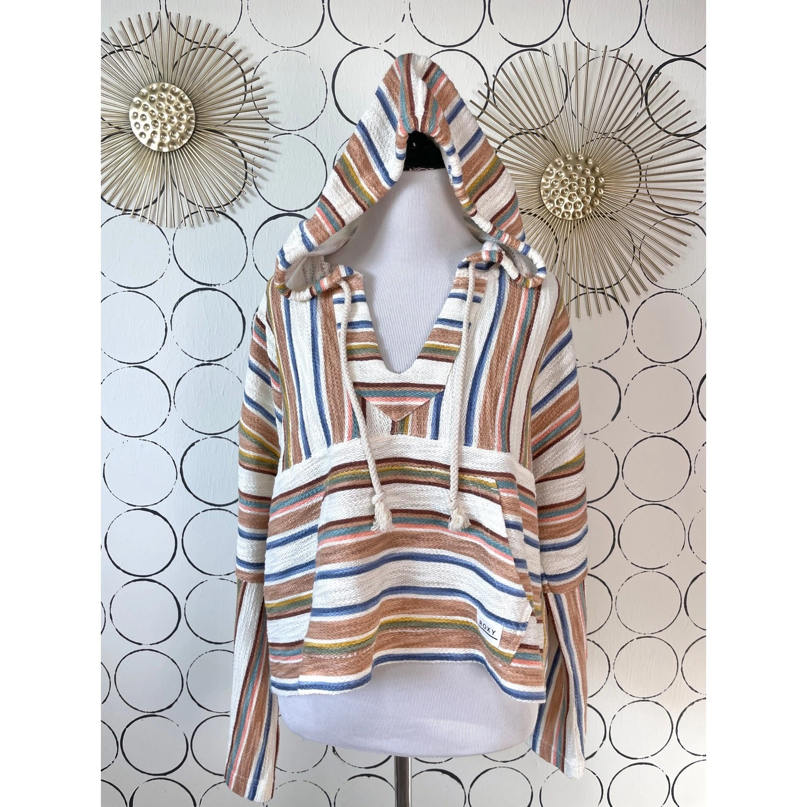 Roxy Women Crop Boxy Hooded Sweatshirt XS Multicolor Striped Beachy Boho Coastal