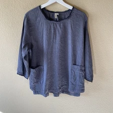 kleen Silk Linen Blend Top Women’s Size L  Pullover Gray with Front Pockets