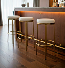 Pratt Counter Height Bar Stool Set of 3, Golden Metal Legs , Leather Seating Pad