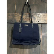 Vintage Coach Tote Bag Navy Blue Purse Shoulder Zipper Pockets Stretchy Fabric