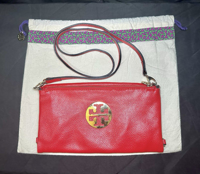 Tory Burch Red Leather Convertible Clutch Purse Crossbody Bag w/ Dust Cover