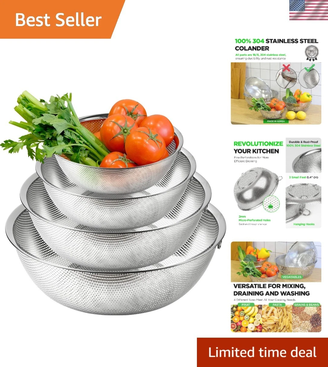 18/8 304 Stainless Steel Micro-Perforated Small and Big Set of 4 with rings -...
