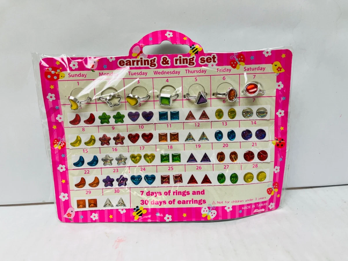 Stick on Earrings Rings Set 30 Days of earrings 7 Rings Little Girls Jewelry