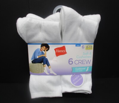 Hanes Women's White Crew 6 Pair Soft & Cushioned Socks Shoe Size 8-12 Extended