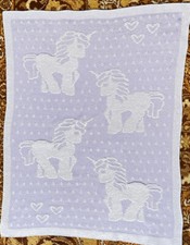 Vtg Knit Baby Blanket Unicorns Hearts Reversible Violet / Purple Crib Stroller