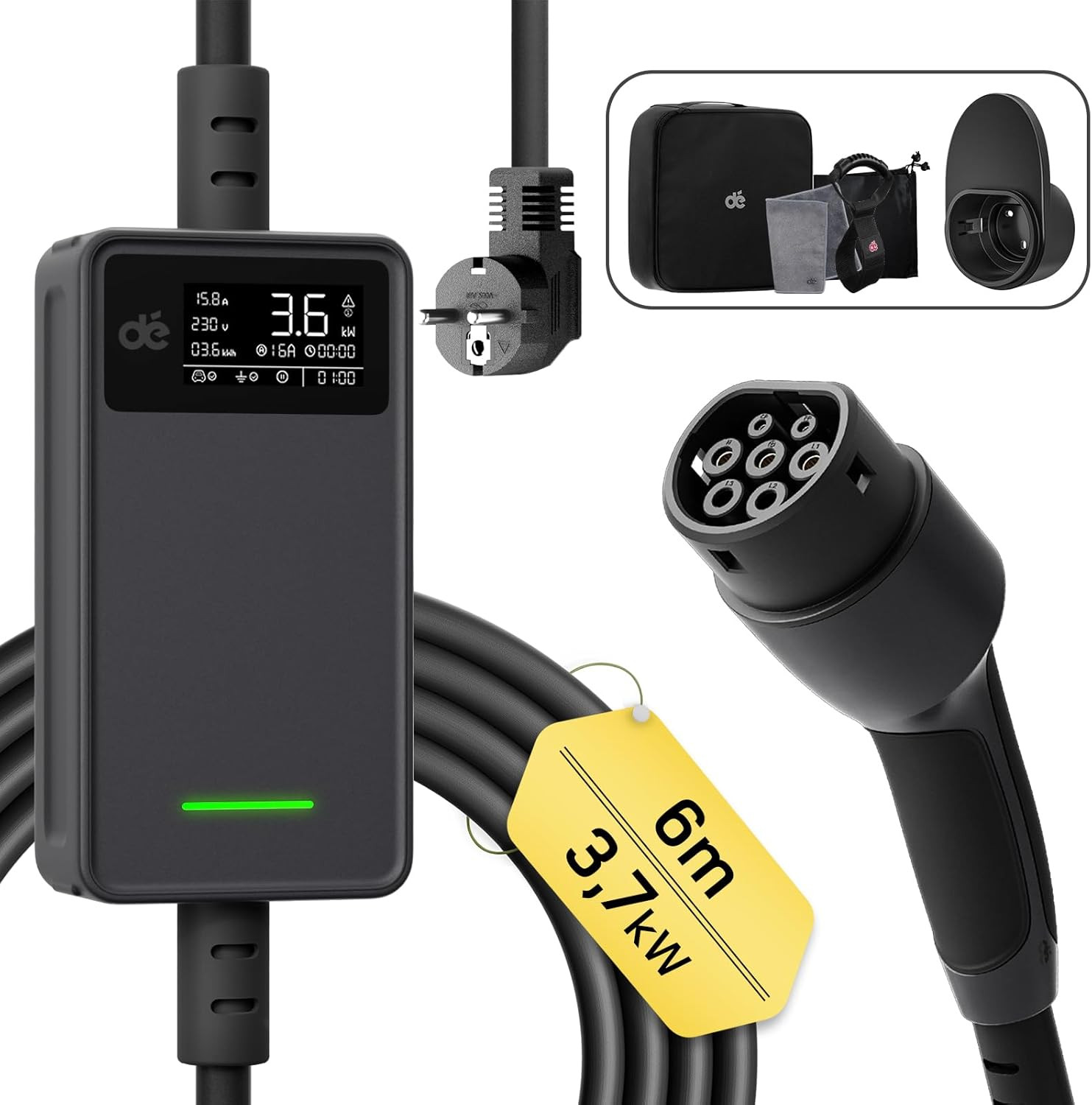 Chargeur voiture électrique 3.7kW 6-16A avec câble de charge type 2 de 6m