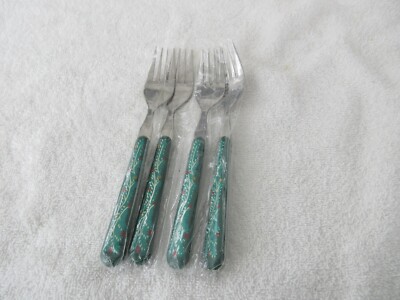 SET OF 4~~STAINLESS 7.5'' DINNER FORKS WITH '' HOLLY BERRY '' DESIGN HANDLES~~NEW!!