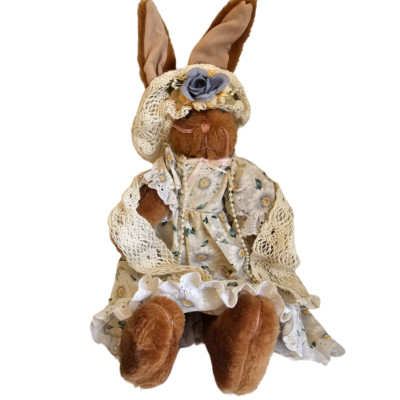 Decorative Easter Bunny Rabbit Plush Brown Floral Dress Crochet Floral Pearl 18''