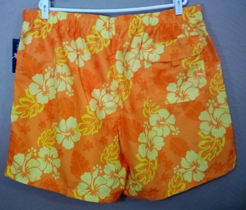 NEW FADED GLORY~Orange HAWAIIAN PRINT SWIM TRUNKS~Men's XL NWT - Image 2 of 4