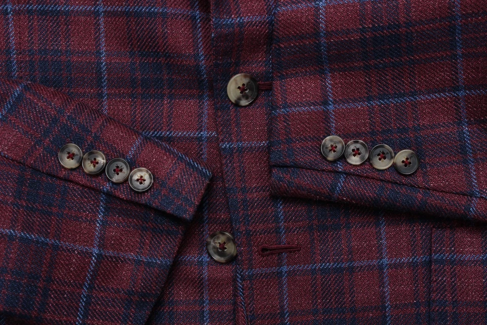 Isaia Napoli Maroon Sport Coat Linen Silk Wool Windowpane Sport Coar 44R - Image 4 of 4