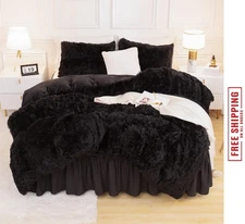 Fluffy Black Comforter Set King Size, 3 Pieces Winter Faux Fur Warm Soft Fuzzy P