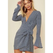 Faithfull Kamari Wrap Dress Navy Blue Striped 8 Fary Boho Party Cocktail