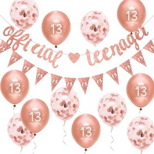 13th Birthday Decorations Rose Gold Glitter Official Teenager Banner Kit Wome...