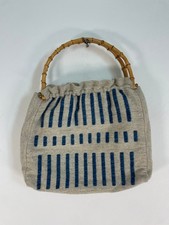 Vintage Linen Embroidered Bag Bamboo Handle Boho Blue Striped Handbag