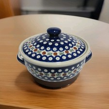 Polish Pottery White Cobalt Blue Tureen Dotted Hand Made w/Lid