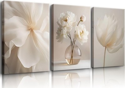 DIACEES 3 Pcs White Peony Wall Art Beige Floral Wall Decor Neutral Modern Aes...