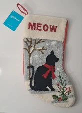 Black Cat Christmas Stocking Oversized Handmade Hooked Glitzhome 19" Meow