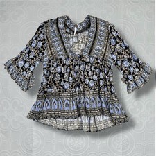 Free People Moonlight Dress Women's Medium Blue Tunic Blouse Ruffle Boho Floral
