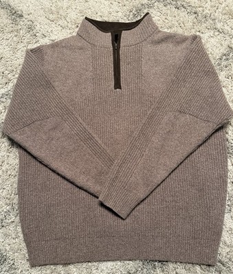 LL Bean Brown Tan Waterfowl 100% Merino 1/4 Zip Heavy Knit Sweater Mens Size L