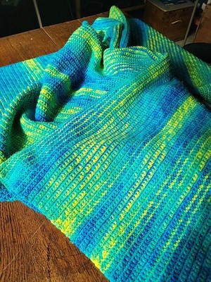 Crocheted Blanket Afghan with Blue Green Yellow Stripes Warm 54'' X 63'' Vibrant