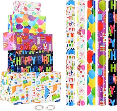 CHEPULA Geschenkpapier Geburtstag Kinder 5 Rolle, 43 x 300 cm