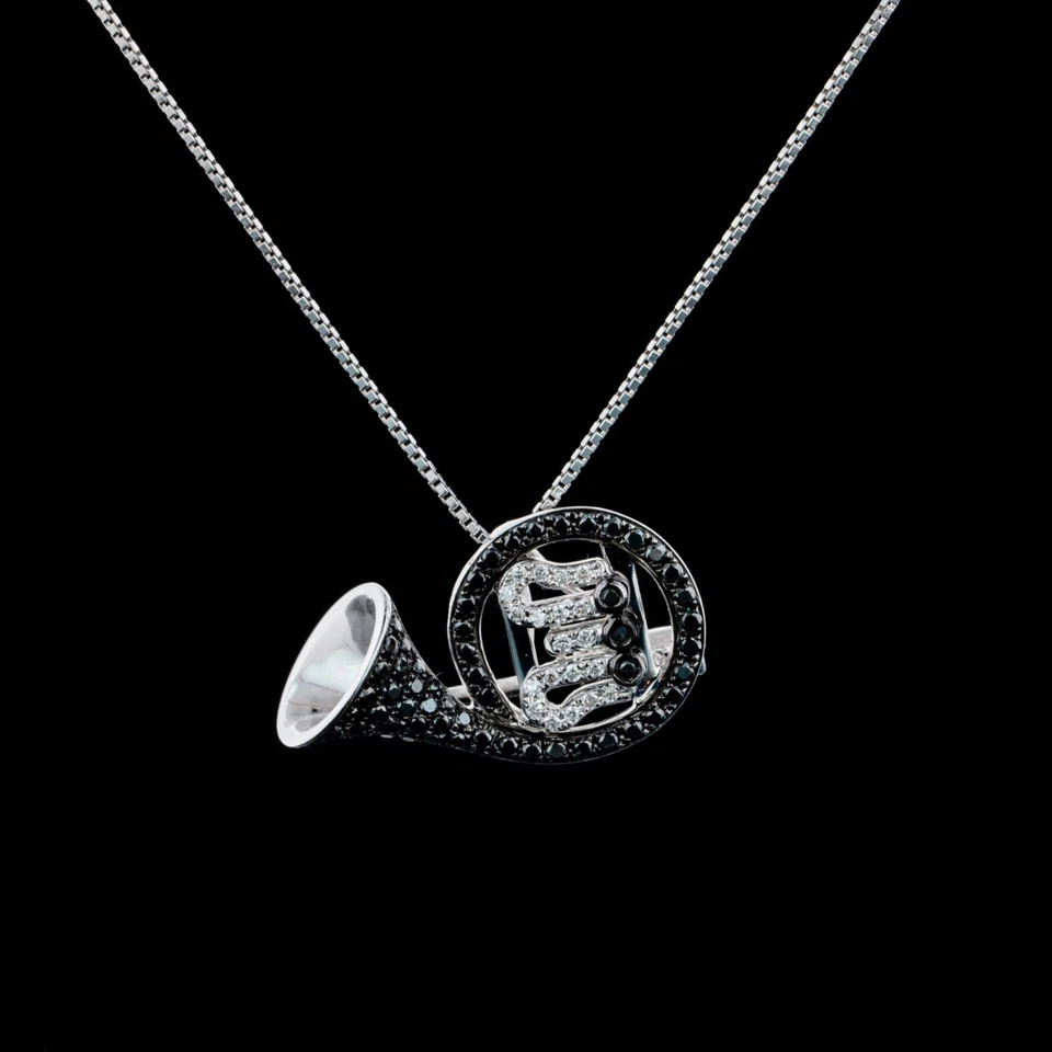 French Horn Black & White Natural Diamond Pin & Pendant 18k White Gold - Image 4 of 4
