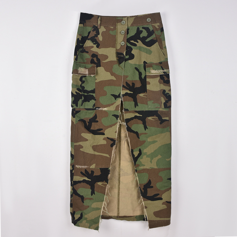Ladies Camouflage Skirt Button Cargo Tassel High Split Thigh Pocket Long  Skirt