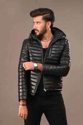Leather Jacket Men Black with Hood Lambskin Biker Size S M L XL XXL Custom Made