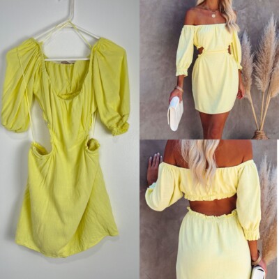 SkyLar Rose Linen Blend Cutout Off Shoulders Puff Sleeves Mini Dress