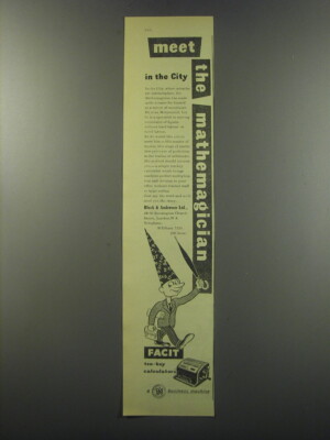 1955 Facit ten-key calculators Ad - Meet the Mathemagician in the City