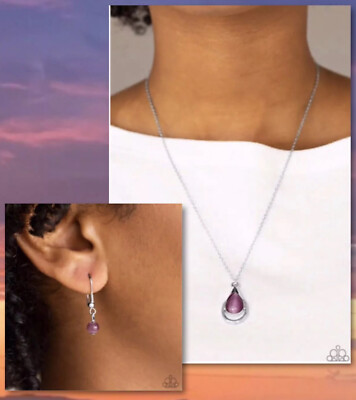 Paparazzi ''Just Drop It'' Purple Stone Pendant Necklace Set Teardrop Shape 
