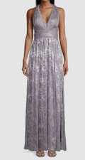 350 Aidan Mattox Women's Purple Metallic V-Neck Halter Gown Dress Size 12