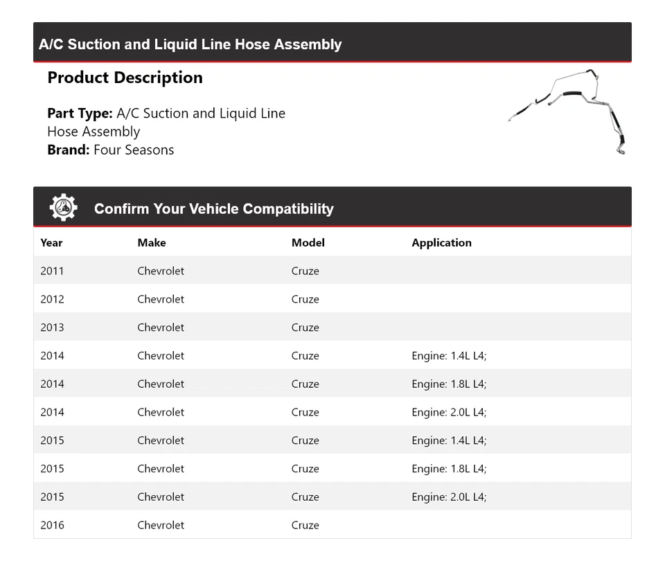 Conjunto de manguera de línea líquida y succión de CA para Chevrolet Cruze 2011-2016 4 estaciones Foto 2 de 4