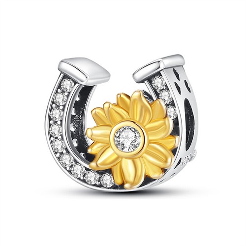 18k Gold Sunflower Lucky Horse Shoe Luck Bead Charm 925 Sterling Silver - Picture 5 of 5