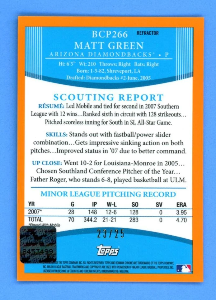 Matt Green Diamondbacks Auto 23/25 2008 Bowman Chrome Orange Refractor - Image 2 of 2