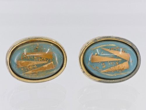 VINTAGE 60's MODERNIST HICKOK USA CONFETTI GOLD FLECK LUCITE GOLD TONE CUFFLINKS - Picture 16 of 19