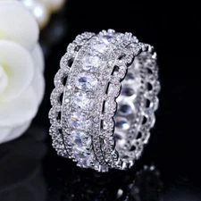 Silver Plated Wide Circle Round Cubic Zirconia Stone Bridal Ring Fiancee Wedding