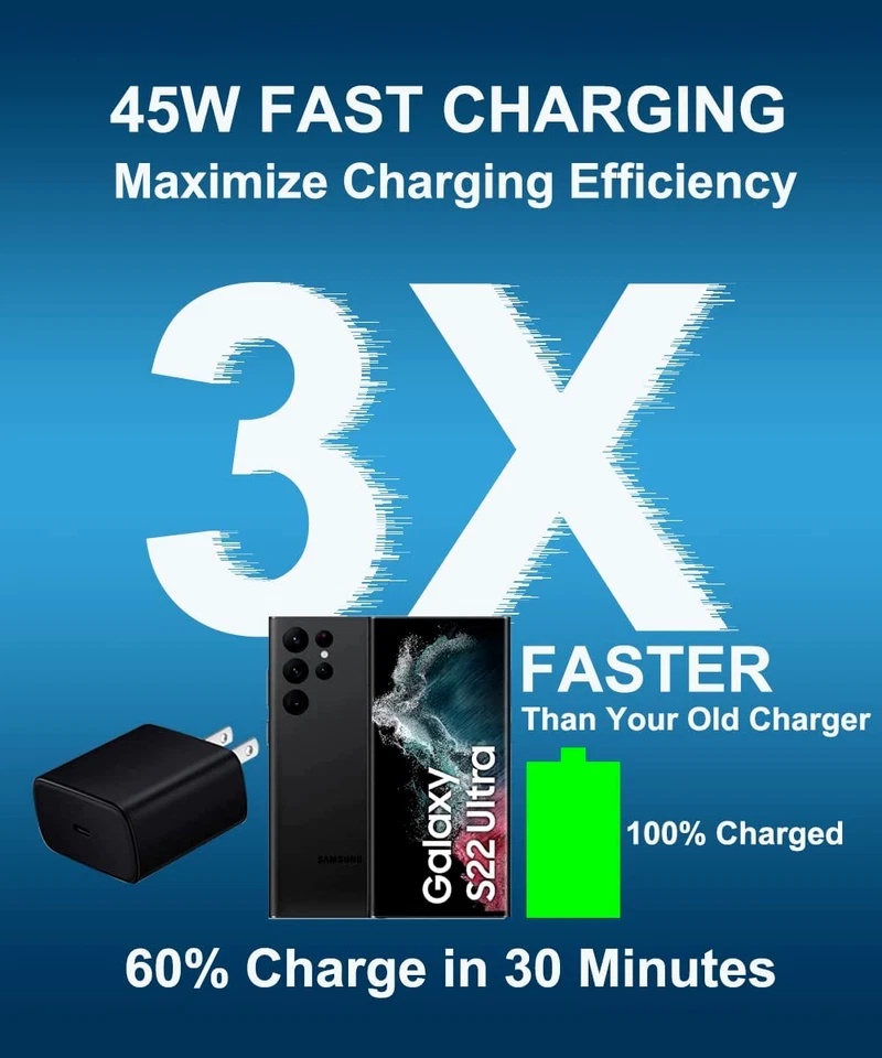 45W Super Fast Charging USB Type-C Wall Charger For Samsung Galaxy S23 S22 Ultra - Image 2 of 4