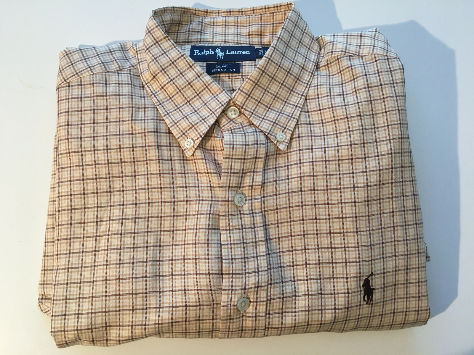 Polo RALPH LAUREN vestibilità classica beige marrone a quadri ricamata logo pony camicia L