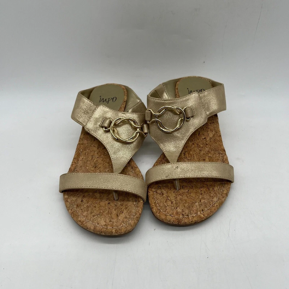 Impo Gwyneth Women's Gold Leather Open Toe Wedge Heels Slip On Slide Sandal Sz 8 - Image 3 of 4