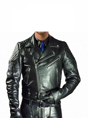 Herren Echtleder Gesteppt Motorrad Gürtel Biker Jacke Schwarz Lammfell Mantel
