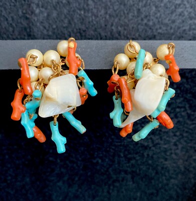 1950s Miriam Haskell Style Cha Cha Cluster Earrings Pearl Shell Coral Clip On
