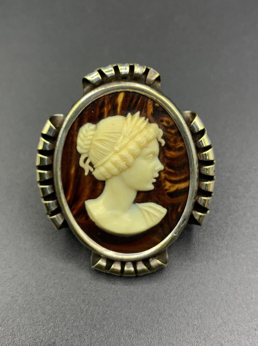 Broche Fantaisie Ancienne Style Art Déco - Imitation écaille Avec Camée - Occasion, Pièce Vintage Unique