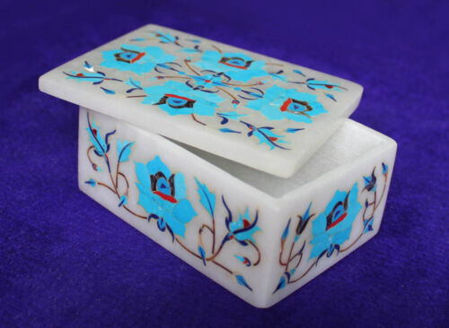 Caja de joyería de mármol de 4"" x 3"" incrustación de piedras semipreciosas arte hecho a mano decoración del hogar - Imagen 1 de 4