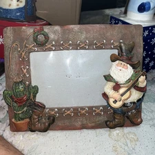 Rustic Santa Claus Christmas Picture Frame Holiday Photo Holder Holly Trees